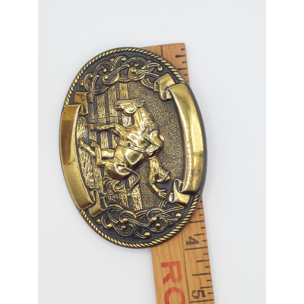 Vintage Western Cowboy Rodeo Bucking Horse Rider Belt Buckle Made USA Gold Oval - Picture 5 of 9